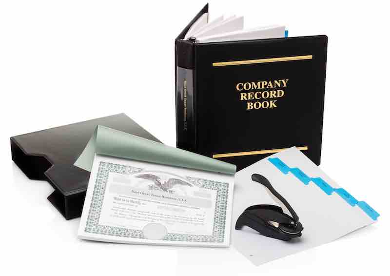 Company Kit with customized binder and slipcase, certificates, ledger, meeting minutes, and seal.